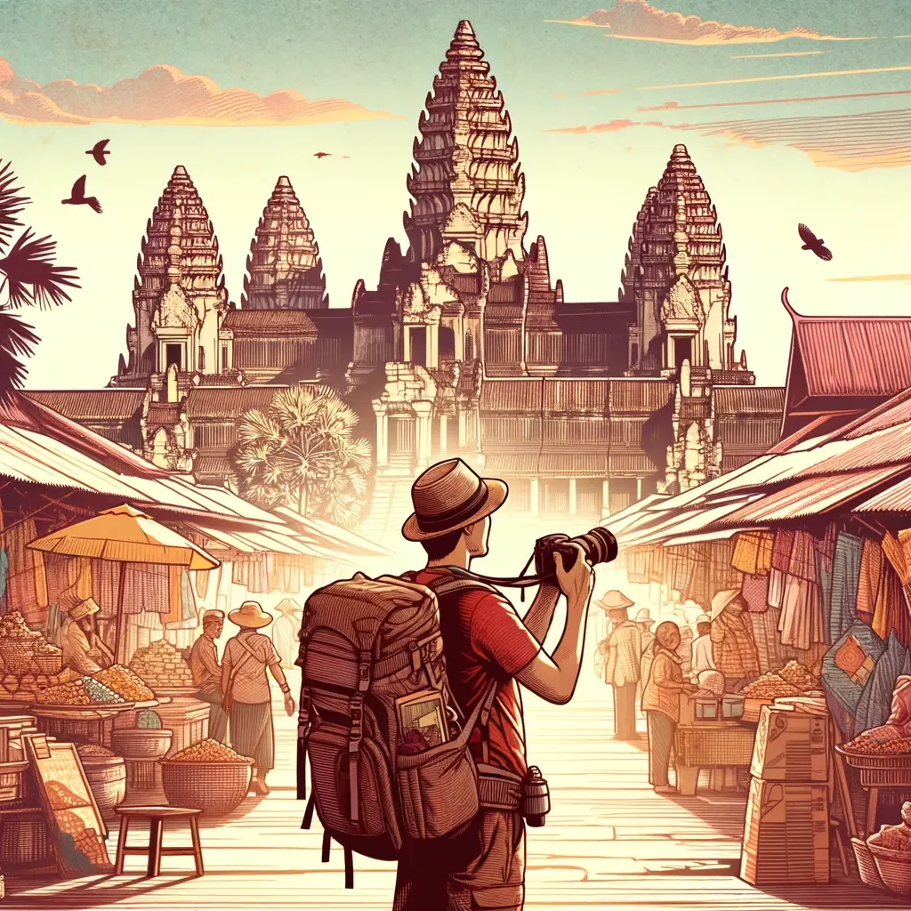 A solo backpacker is silhouetted against the stunning sunrise over Angkor Wat, A solo backpacker is silhouetted against the stunning sunrise over Angkor Wat, and the buzzing streets of a Cambodian market.