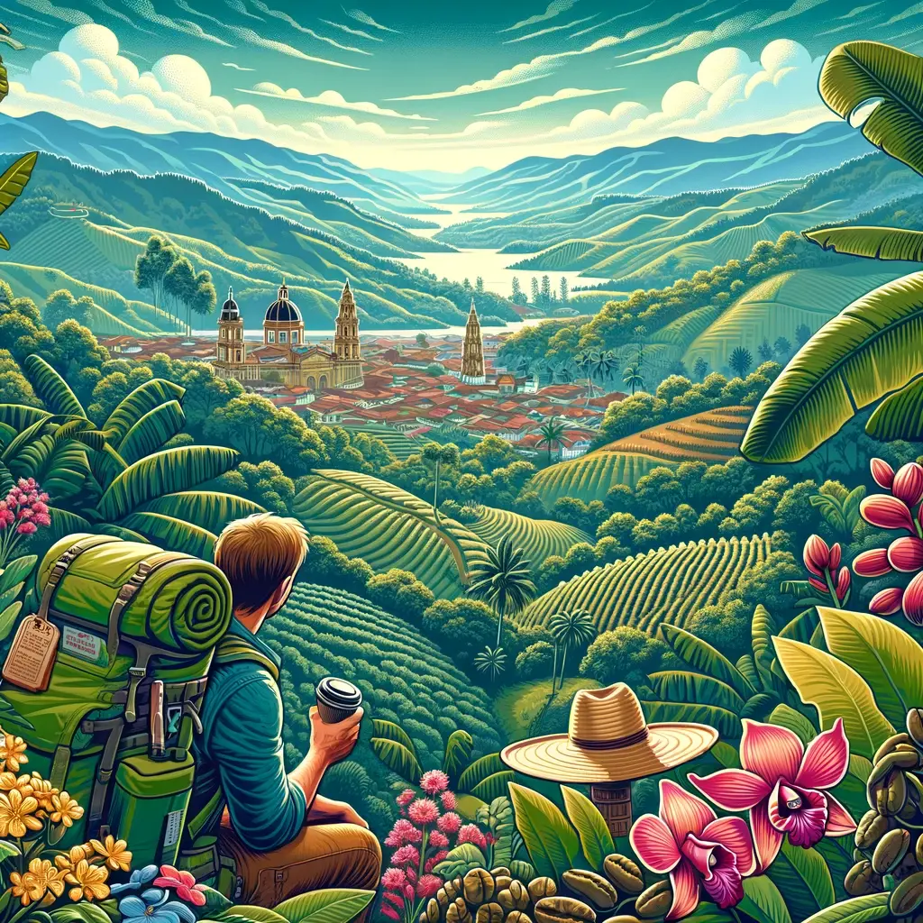 A backpacker savors the Colombian landscape from a mountain overlook, capturing the vibrant essence of its coffee culture, colonial cities, and rich biodiversity, inviting exploration and cultural immersion.