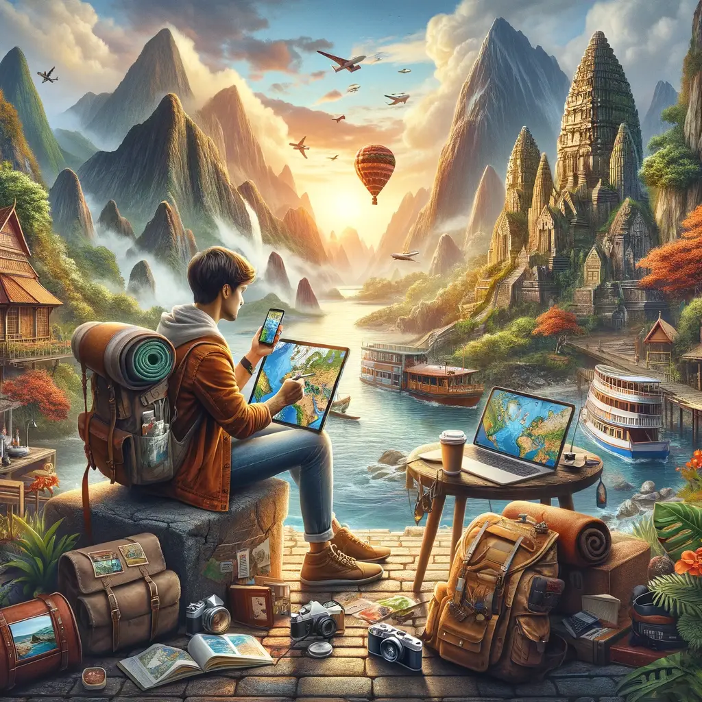 Adventurous traveler consulting a digital map on tablet amidst stunning natural landscape with ancient temple ruins, lush mountains, and a hot air balloon soaring in the sky.