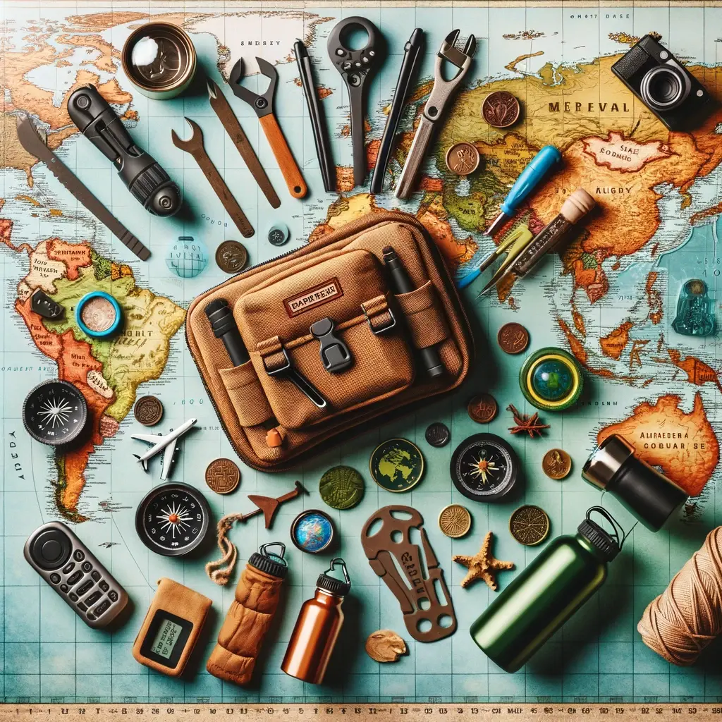Assortment of budget-friendly travel accessories on a world map, surrounded by icons of landmarks and natural wonders
