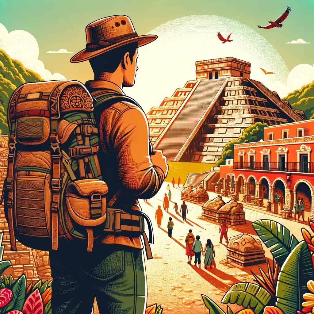 A traveler immerses in the warm sunset ambiance of a bustling Mexican market street, highlighted by traditional vibrant textiles, street food, and colonial architecture, evoking Mexico's rich culture and adventure travel allure.
