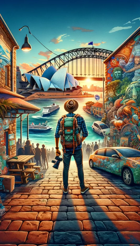 Backpacker overlooking surfers in Sydney Harbour with the Opera House and Harbour Bridge in the background, capturing the essence of Sydney's vibrant urban and beach culture for adventure travelers.