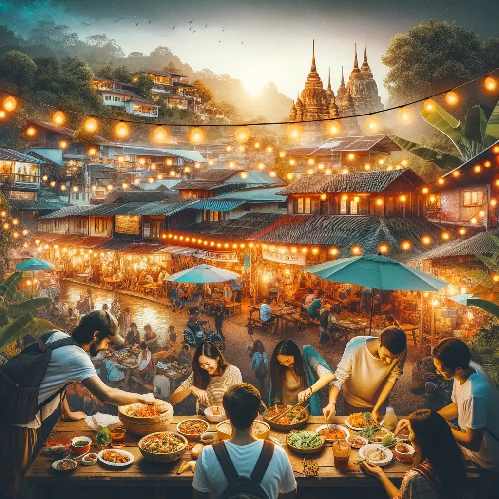 Group of solo travelers with a bustling street food market in Southeast Asia behind