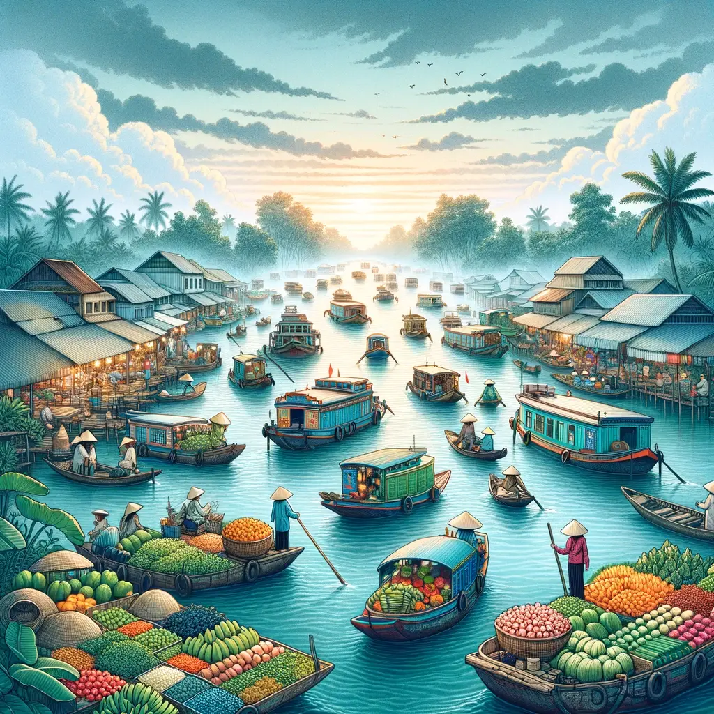 The Can Tho floating market comes alive at sunrise, with boats laden with vibrant produce on the Mekong Delta, capturing the essence of Vietnam's rich market culture and the allure of river life.