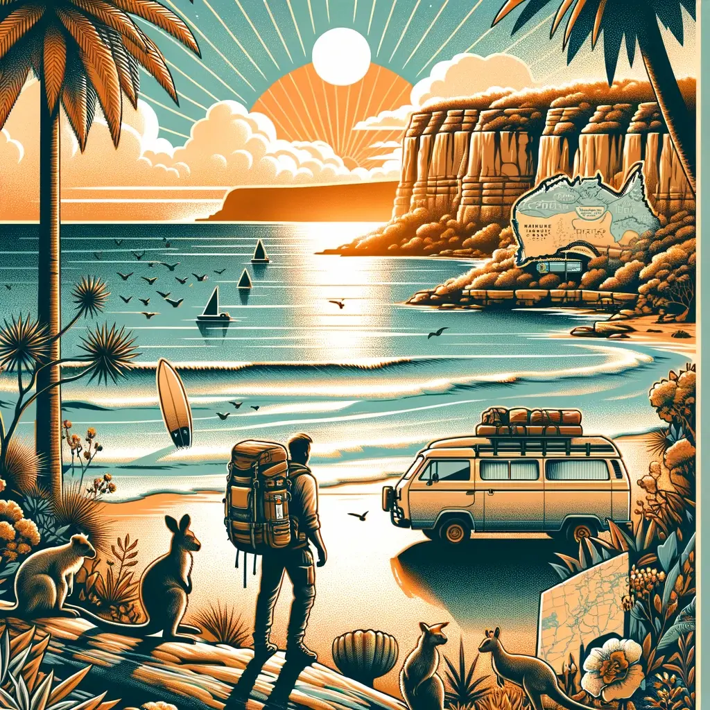 Illustration of a backpacker with multiple Australia's East Coast sceneries