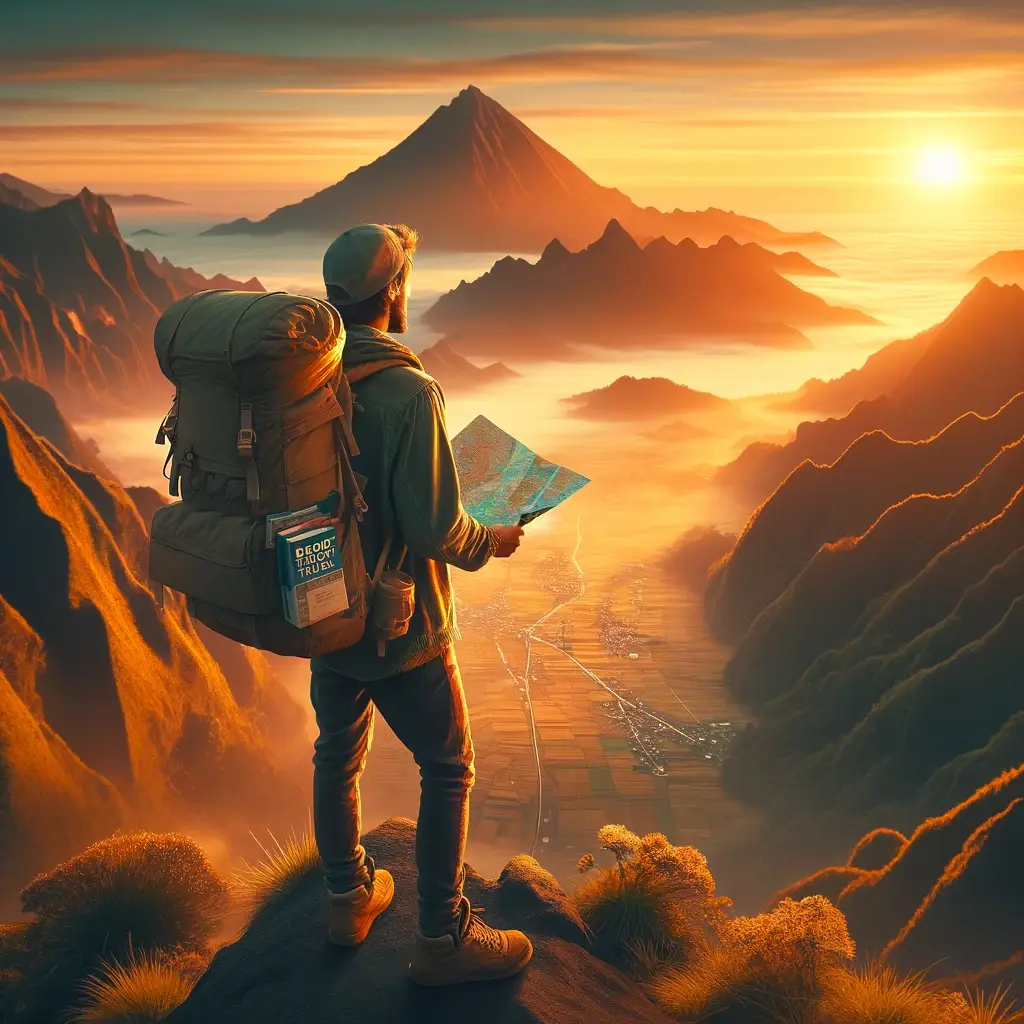 "Solo backpacker overlooking vast landscape at dawn, symbolizing the start of an adventure, with a map and travel guide in hand, inspiring millennials for solo backpacking journeys.