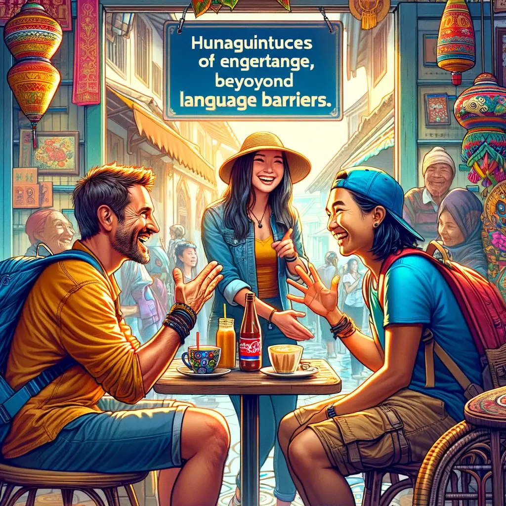 Travelers communicating with a local in a cozy café using gestures and smiles, highlighting human connection beyond language barriers and the joy of cultural exchange.