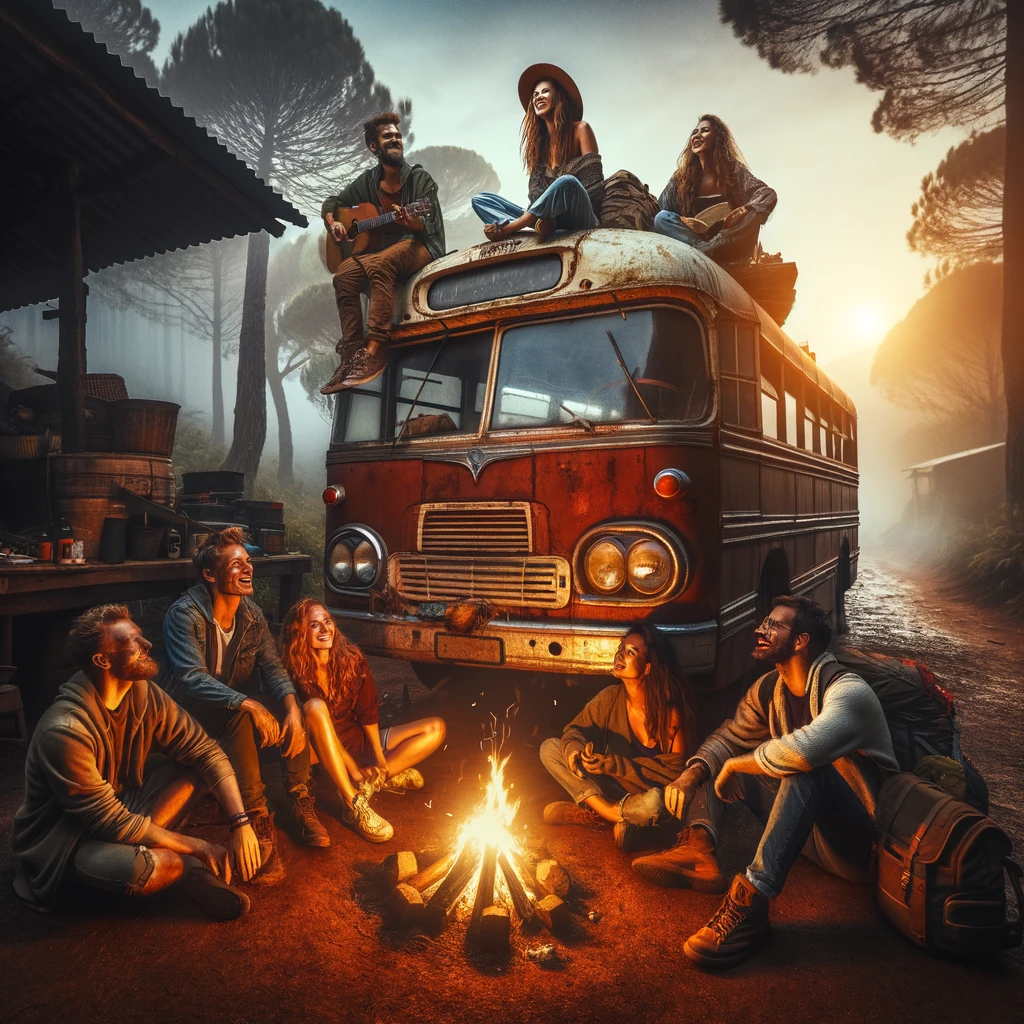 Traveler and new friends atop a broken-down bus by a campfire in a remote area, turning a moment of being stuck into a joyful adventure, symbolizing adaptability and camaraderie.
